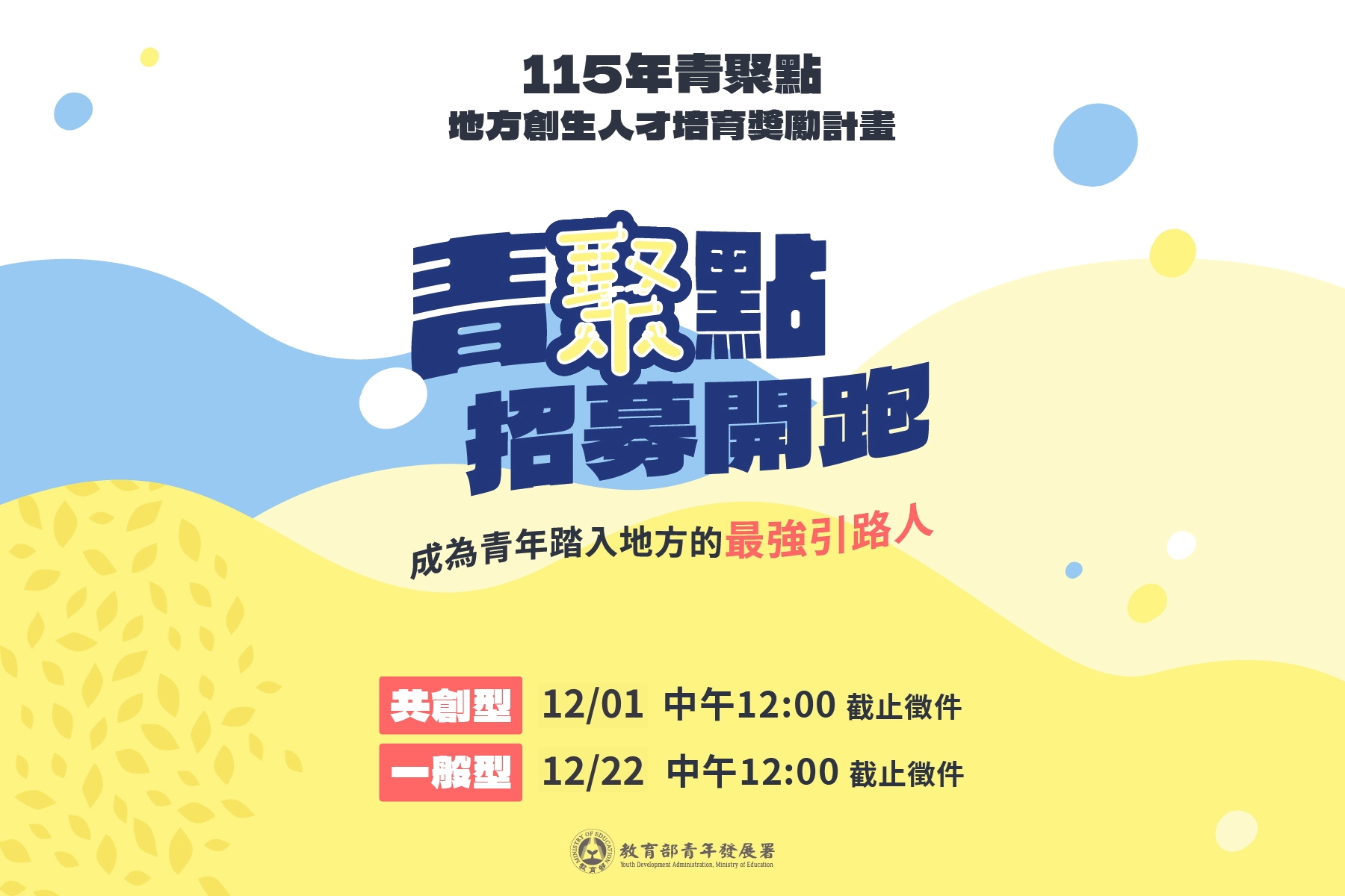 115年「青聚點地方創生人才培育獎勵計畫」即日起開放徵件