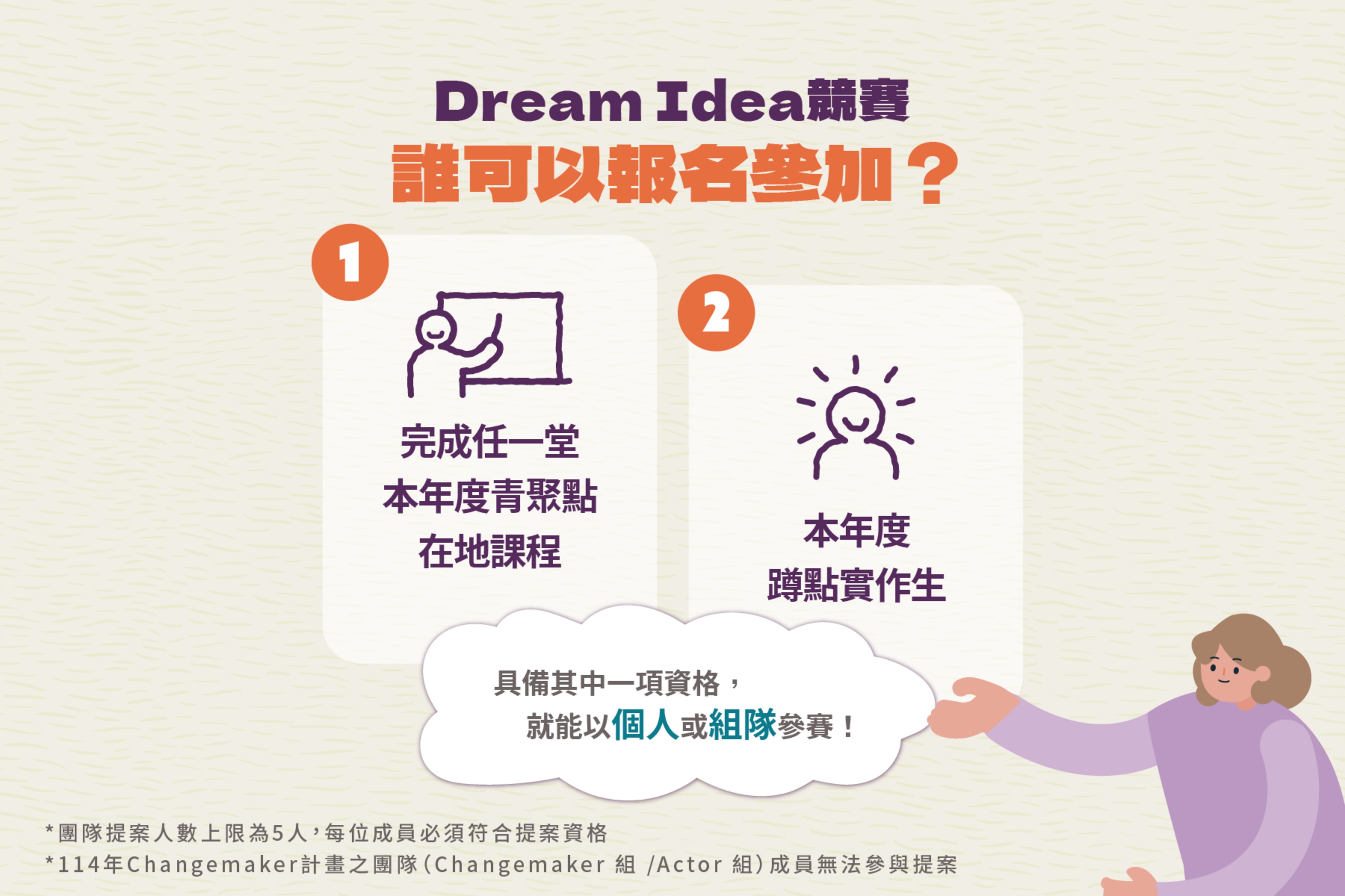 凡是已完成至少一門在地課程或為本年度蹲點實作生,即可報名Dream Idea績優點子競賽