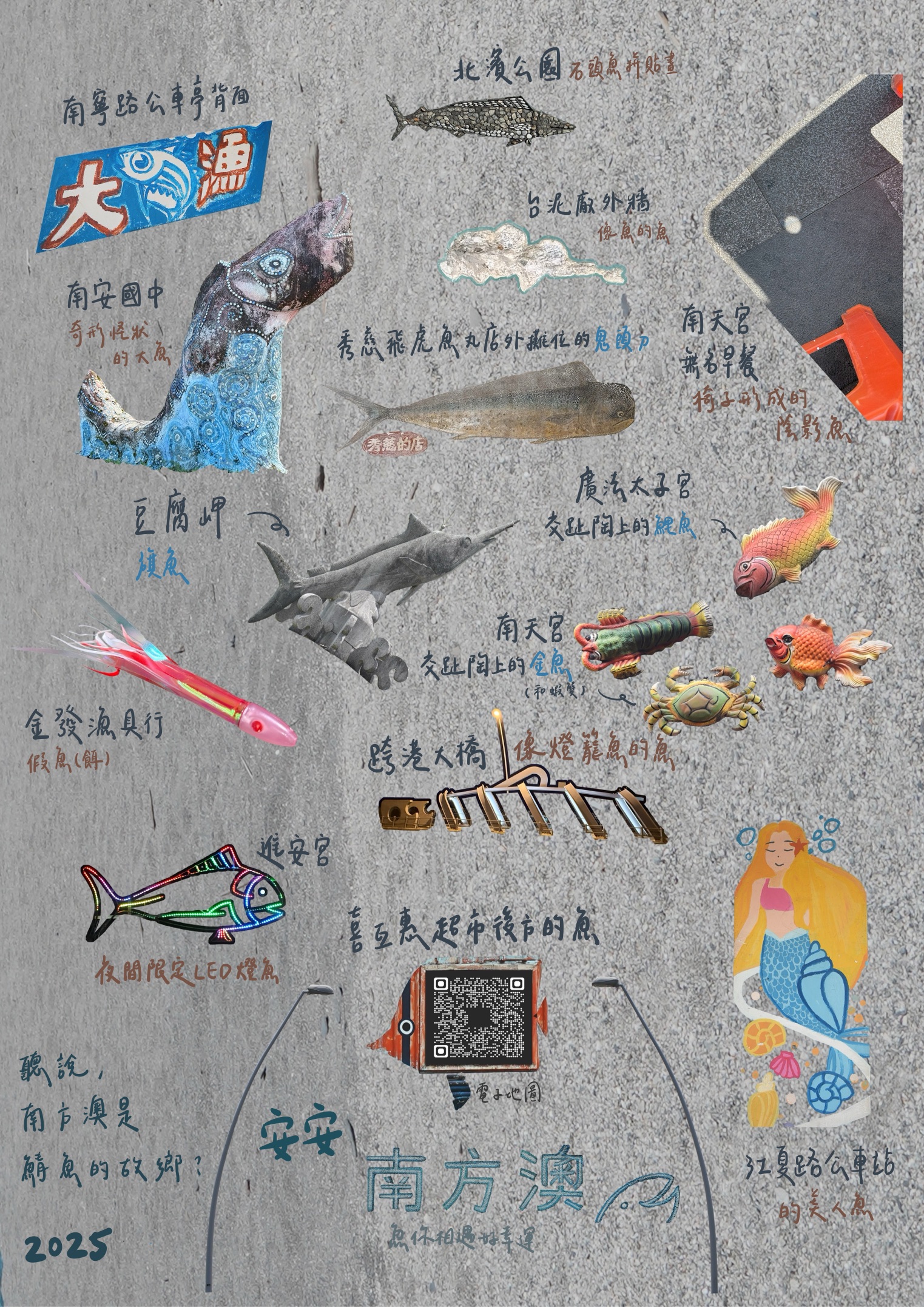 「美得冒泡 BEAUTIFOOL」的蹲點實作生於蹲點期間製作的「魚地圖」，收錄33筆魚圖案資料，呈現一個漁村聚落中魚如何滲透進生活的每個角落。